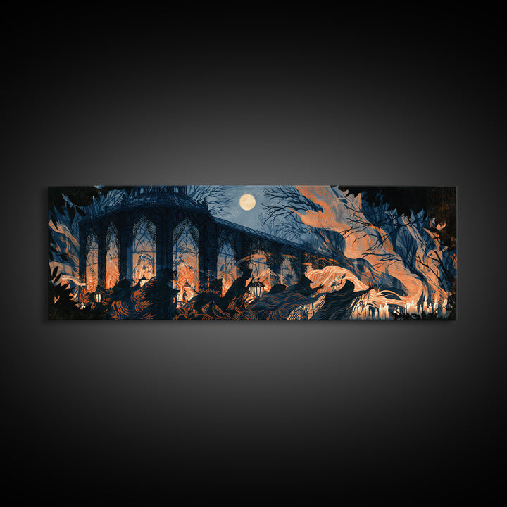 The Black Lace Haunted Conservatory - Procession Scene, Dark Fantasy Wall Art, Extra Wide Wall Art, Canvas Print, Halloween Home Decor