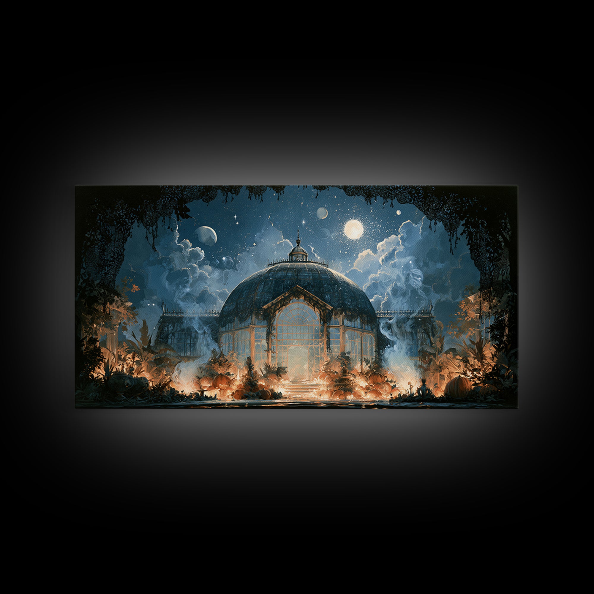The Black Lace Haunted Conservatory - Surreal Celestial Vision, Occult Wall Decor, Wide Panoramic Art, Canvas Print, Halloween Home Decor