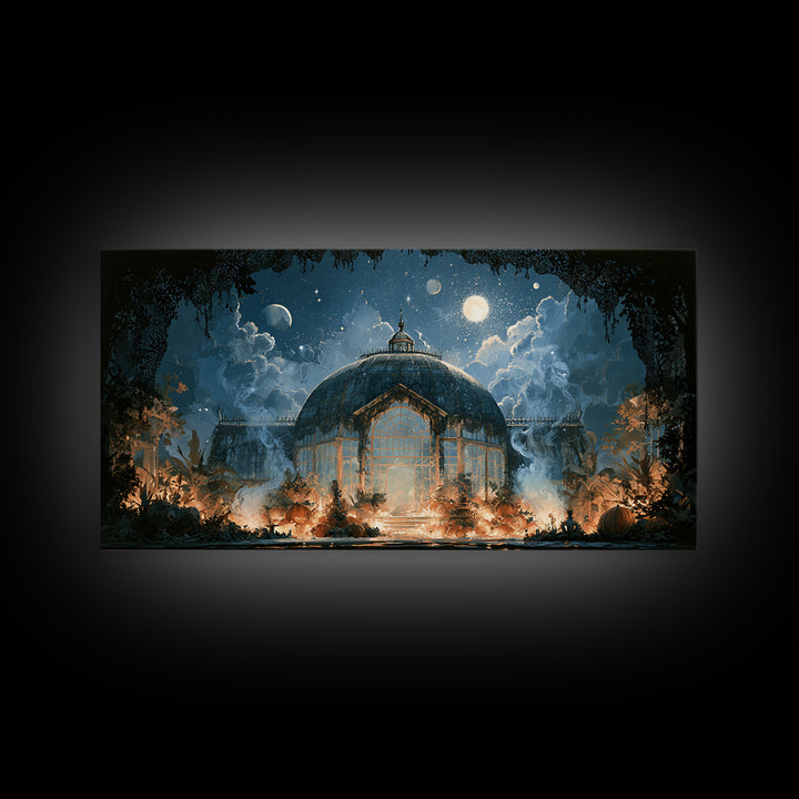 The Black Lace Haunted Conservatory - Surreal Celestial Vision, Occult Wall Decor, Wide Panoramic Art, Canvas Print, Halloween Home Decor