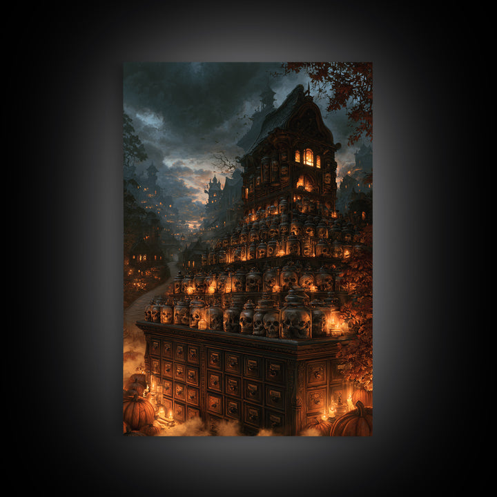 The Candlelit Skull Apothecary - Environmental Panorama, Halloween Wall Art, Vertical Wall Art, Framed Canvas Print, Halloween Home Decor