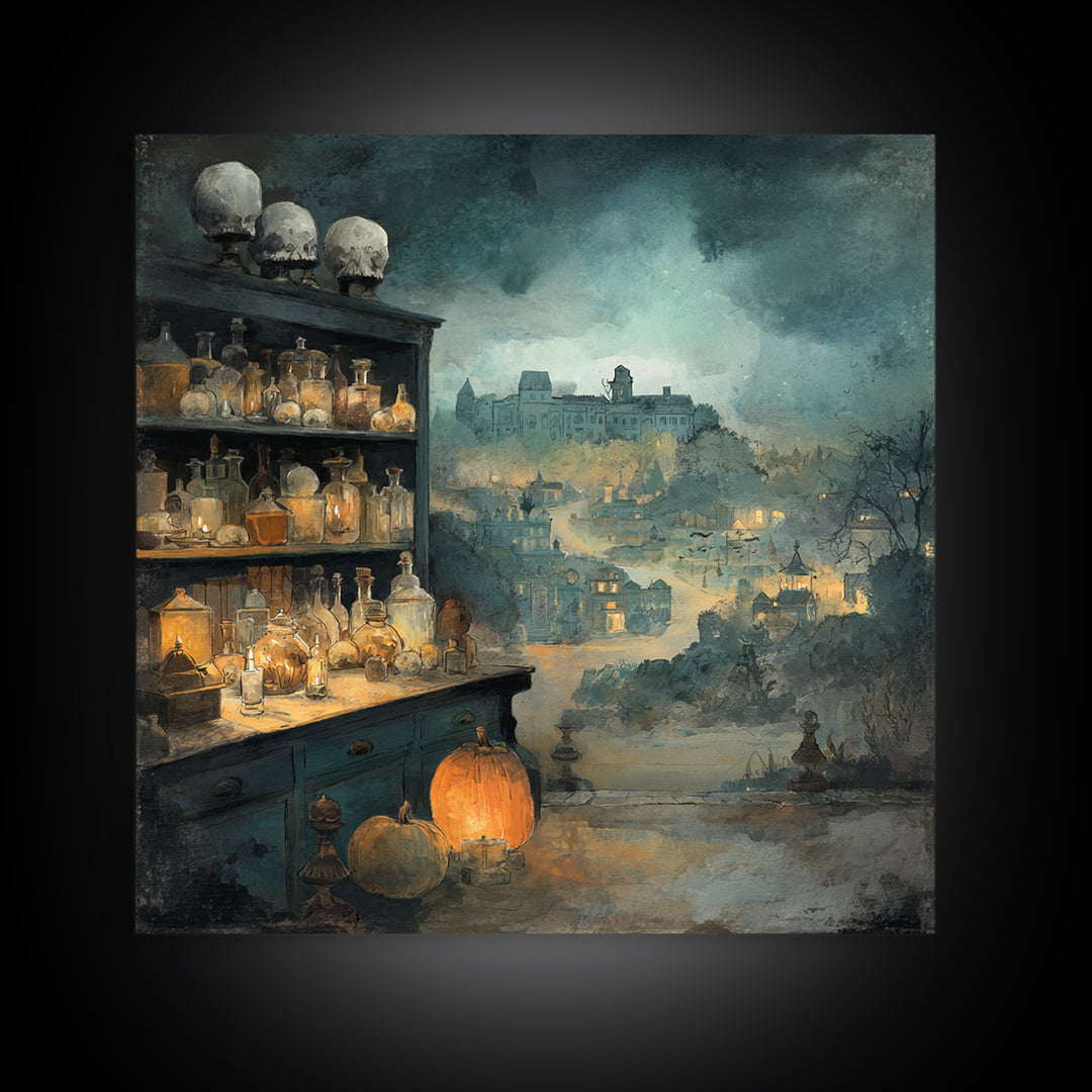 The Candlelit Skull Apothecary - Environmental Panorama, Dark Fantasy Wall Art, Square Wall Art, Canvas Print, Halloween Home Decor