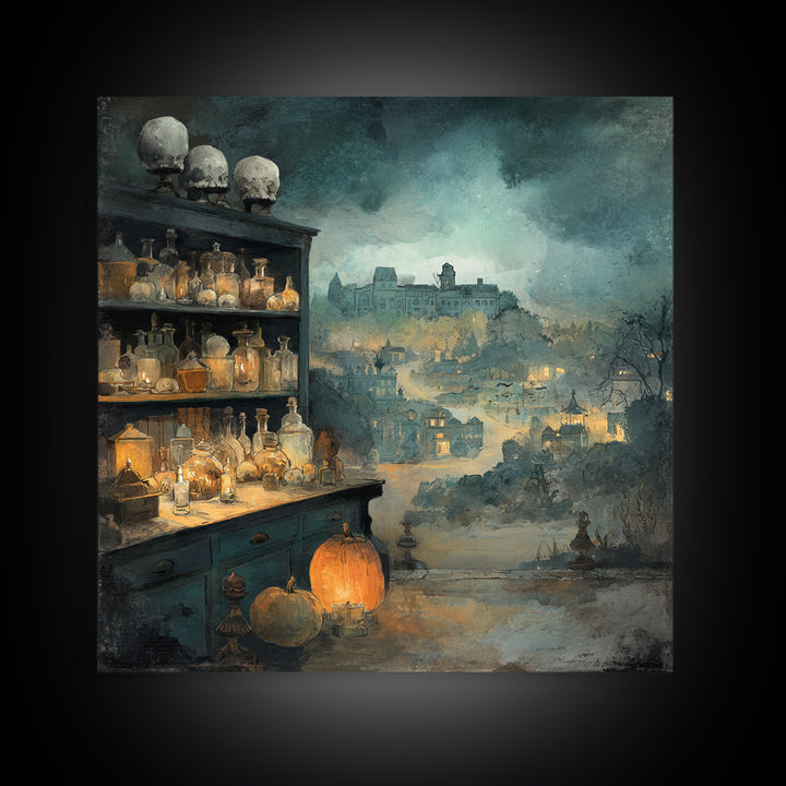 The Candlelit Skull Apothecary - Environmental Panorama, Dark Fantasy Wall Art, Square Wall Art, Canvas Print, Halloween Home Decor