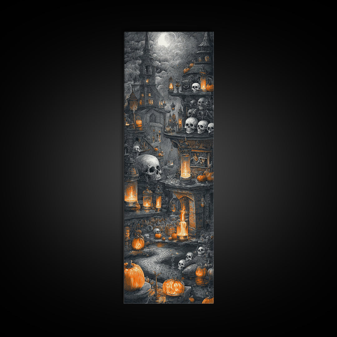The Candlelit Skull Apothecary - Environmental Panorama, Macabre Halloween Art, Tall Narrow Wall Art, Framed Canvas Print, Gothic Wall Art