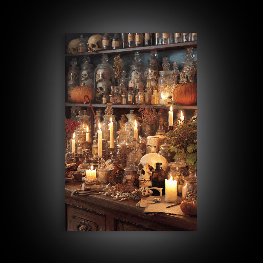 The Candlelit Skull Apothecary - Occult Still Life, Macabre Halloween Art, Vertical Wall Art, Framed Canvas Print, Halloween Home Decor