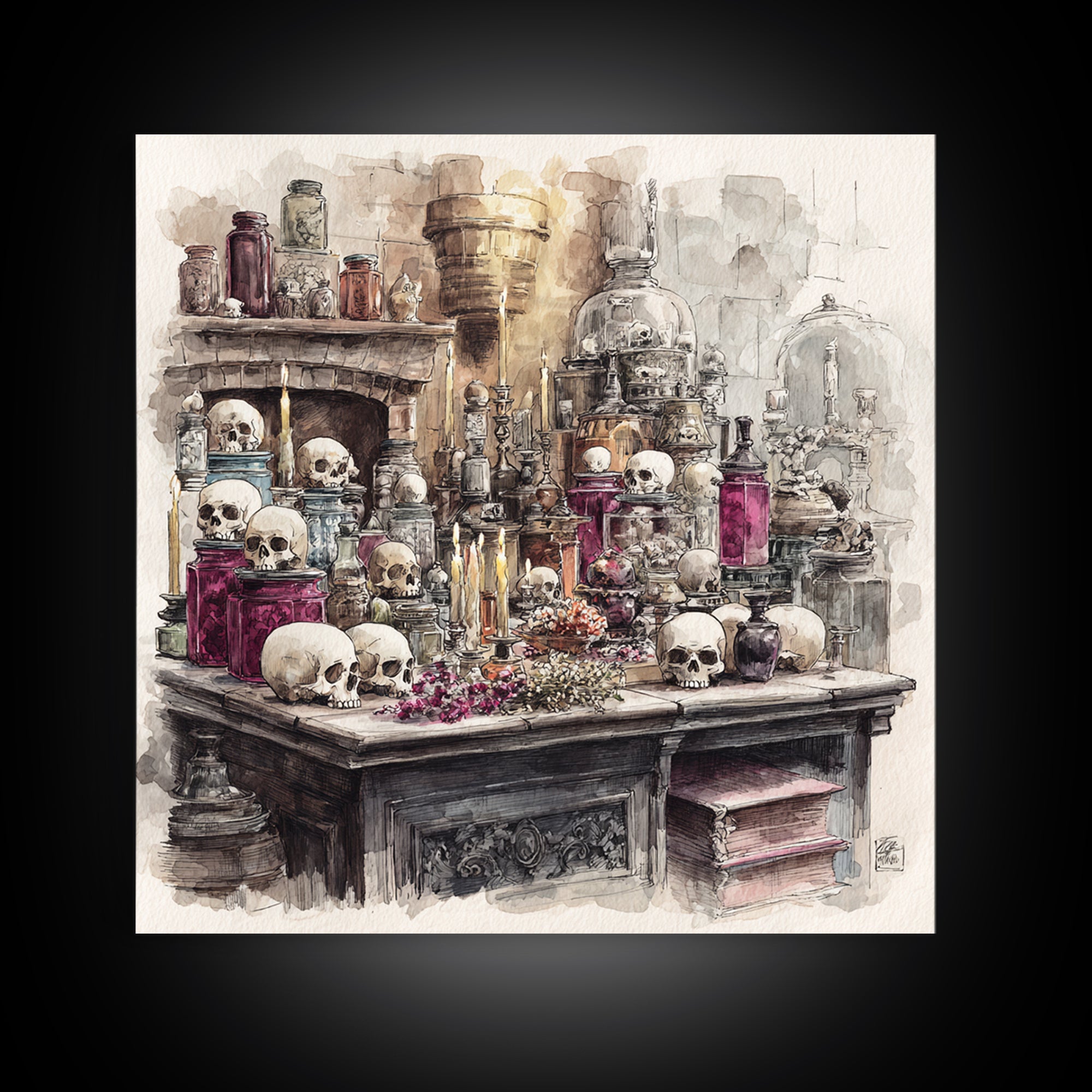 The Candlelit Skull Apothecary - Occult Still Life, Macabre Halloween Art, Square Wall Art, Framed Canvas Print, Halloween Home Decor