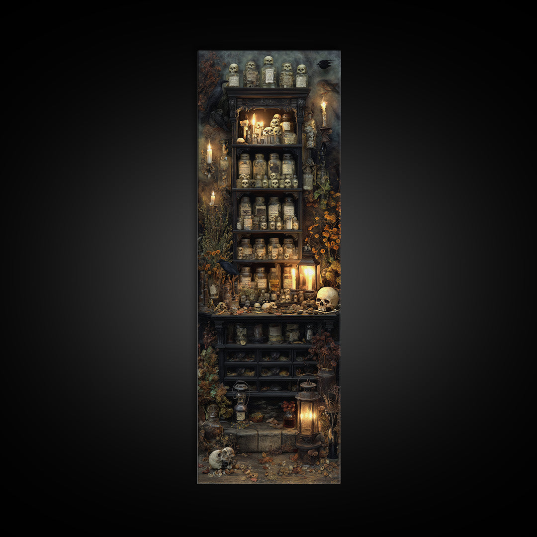 The Candlelit Skull Apothecary - Occult Still Life, Halloween Wall Art, Tall Narrow Wall Art, Framed Canvas Print, Halloween Home Decor