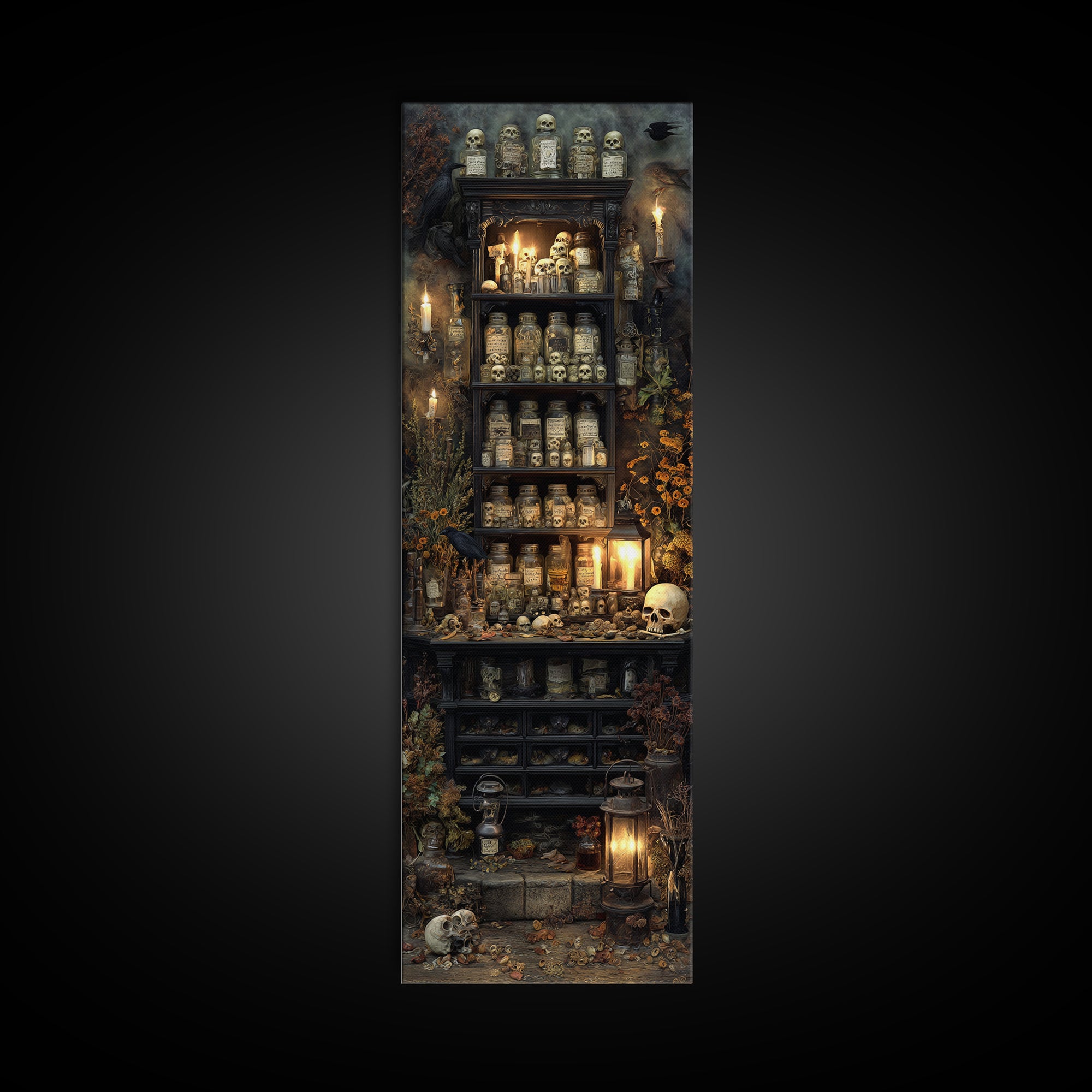 The Candlelit Skull Apothecary - Occult Still Life, Halloween Wall Art, Tall Narrow Wall Art, Framed Canvas Print, Halloween Home Decor