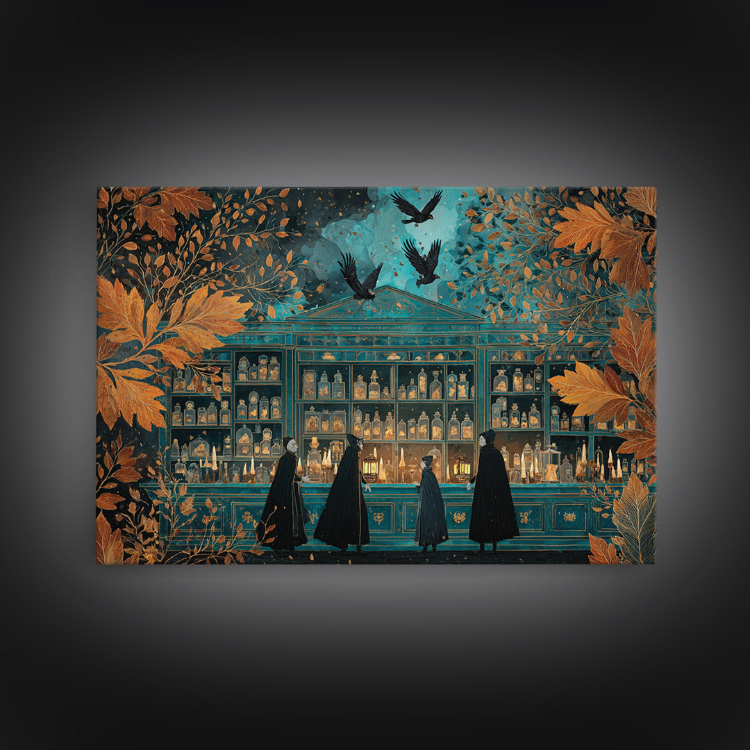 The Candlelit Skull Apothecary - Procession Scene, Spooky Wall Decor, Landscape Wall Art, Framed Canvas Print, Halloween Home Decor