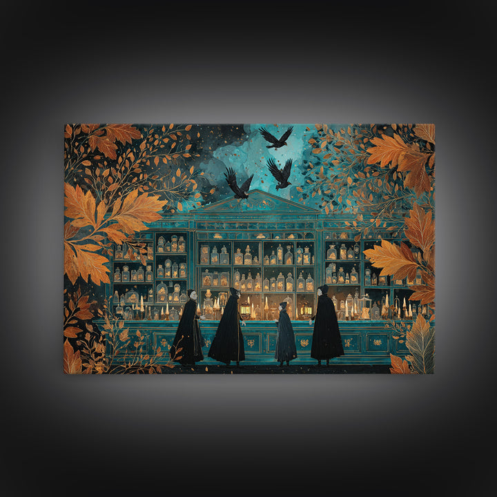 The Candlelit Skull Apothecary - Procession Scene, Spooky Wall Decor, Landscape Wall Art, Framed Canvas Print, Halloween Home Decor