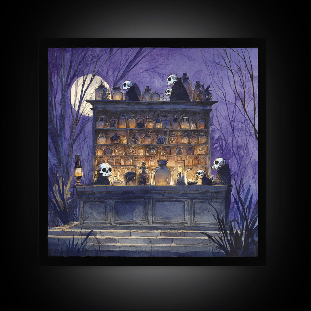 The Candlelit Skull Apothecary - Procession Scene, Macabre Halloween Art, Square Wall Art, Framed Canvas Print, Halloween Home Decor
