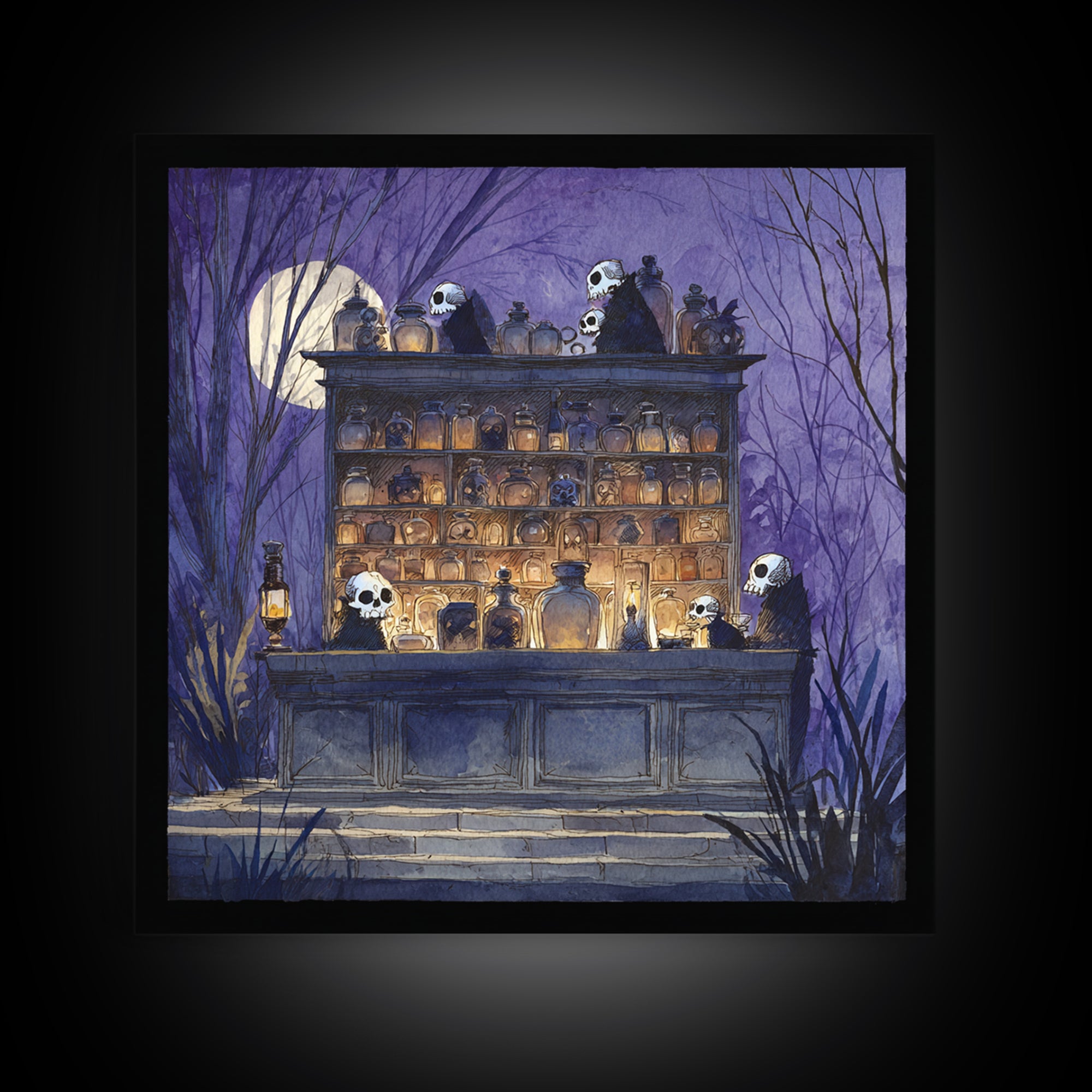 The Candlelit Skull Apothecary - Procession Scene, Macabre Halloween Art, Square Wall Art, Framed Canvas Print, Halloween Home Decor