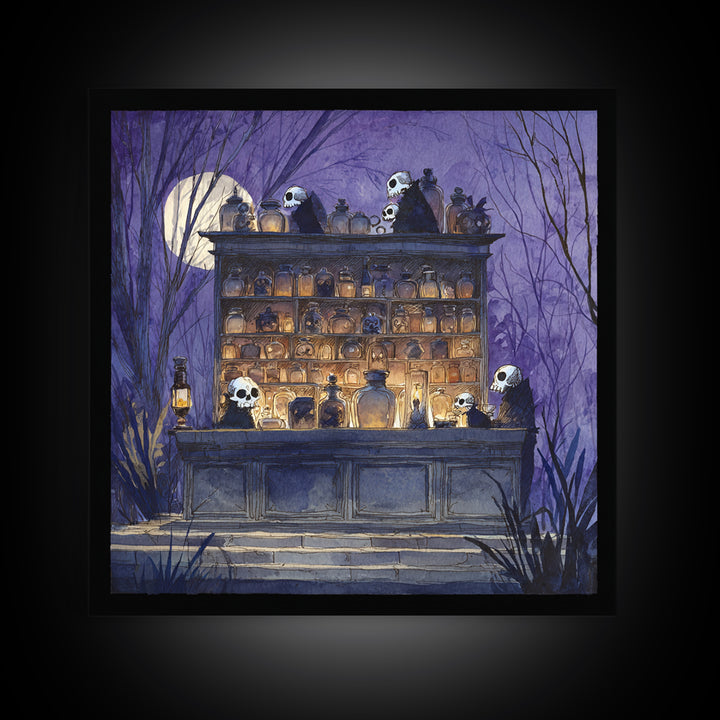 The Candlelit Skull Apothecary - Procession Scene, Macabre Halloween Art, Square Wall Art, Framed Canvas Print, Halloween Home Decor