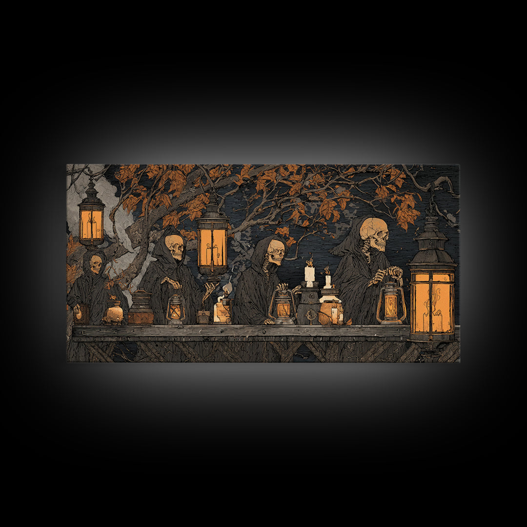 The Candlelit Skull Apothecary - Procession Scene, Spooky Wall Decor, Wide Panoramic Art, Framed Canvas Print, Halloween Home Decor