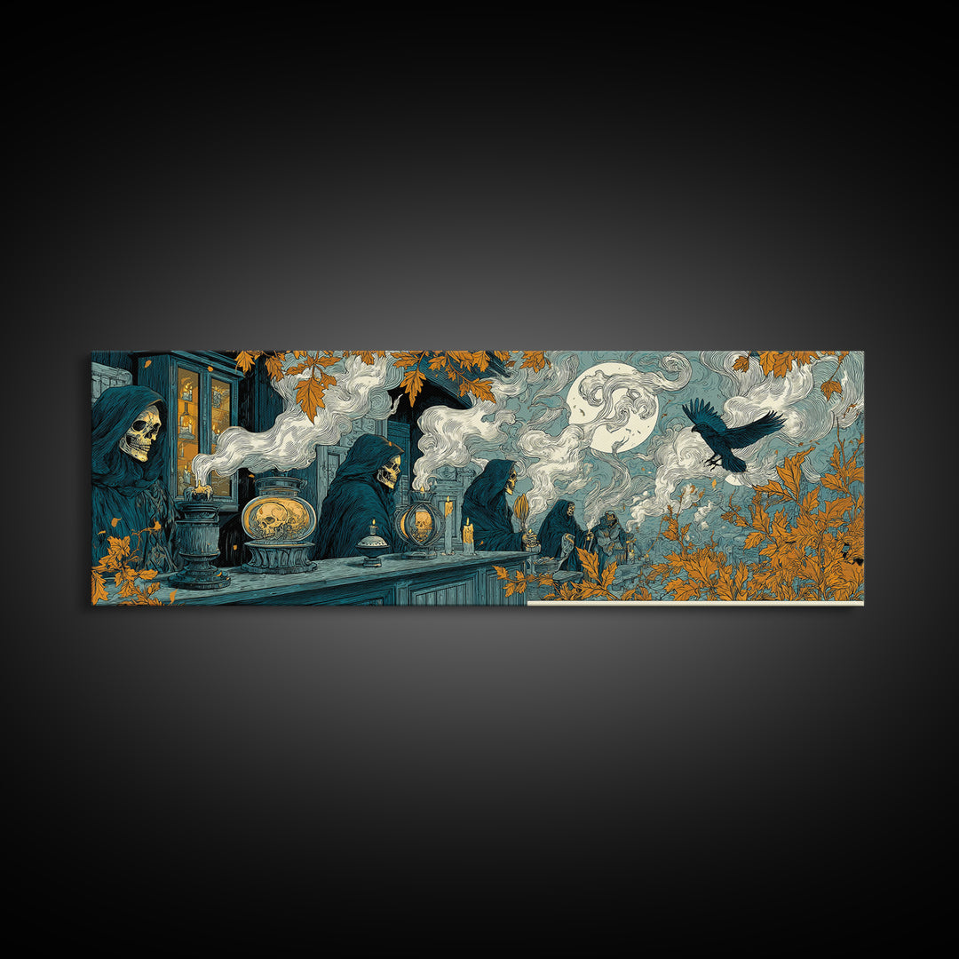 The Candlelit Skull Apothecary - Procession Scene, Macabre Halloween Art, Extra Wide Wall Art, Framed Canvas Print, Halloween Home Decor
