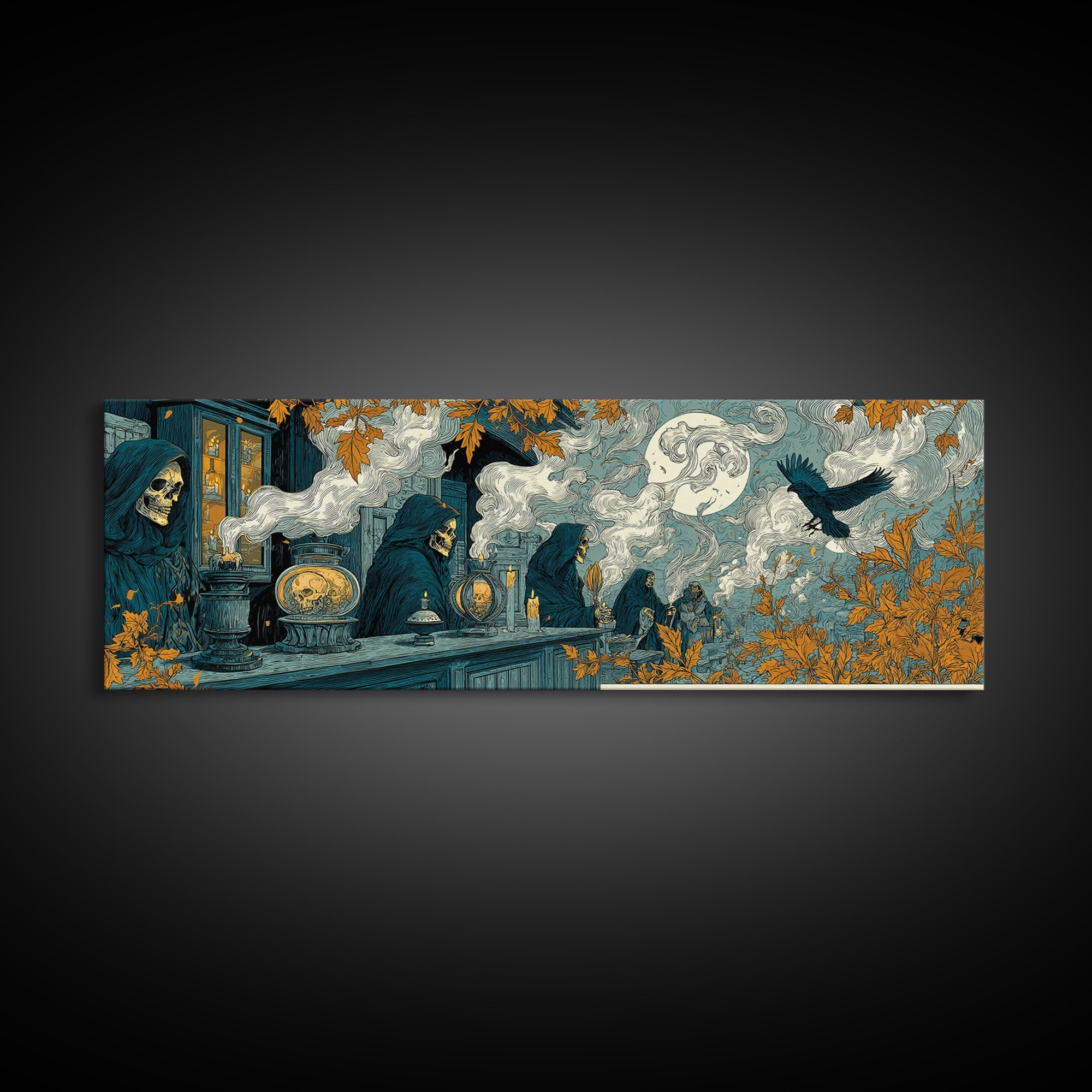 The Candlelit Skull Apothecary - Procession Scene, Macabre Halloween Art, Extra Wide Wall Art, Framed Canvas Print, Halloween Home Decor