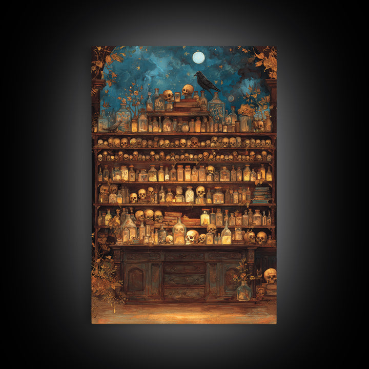 The Candlelit Skull Apothecary - Surreal Celestial Vision, Spooky Wall Decor, Vertical Wall Art, Framed Canvas Print, Halloween Home Decor