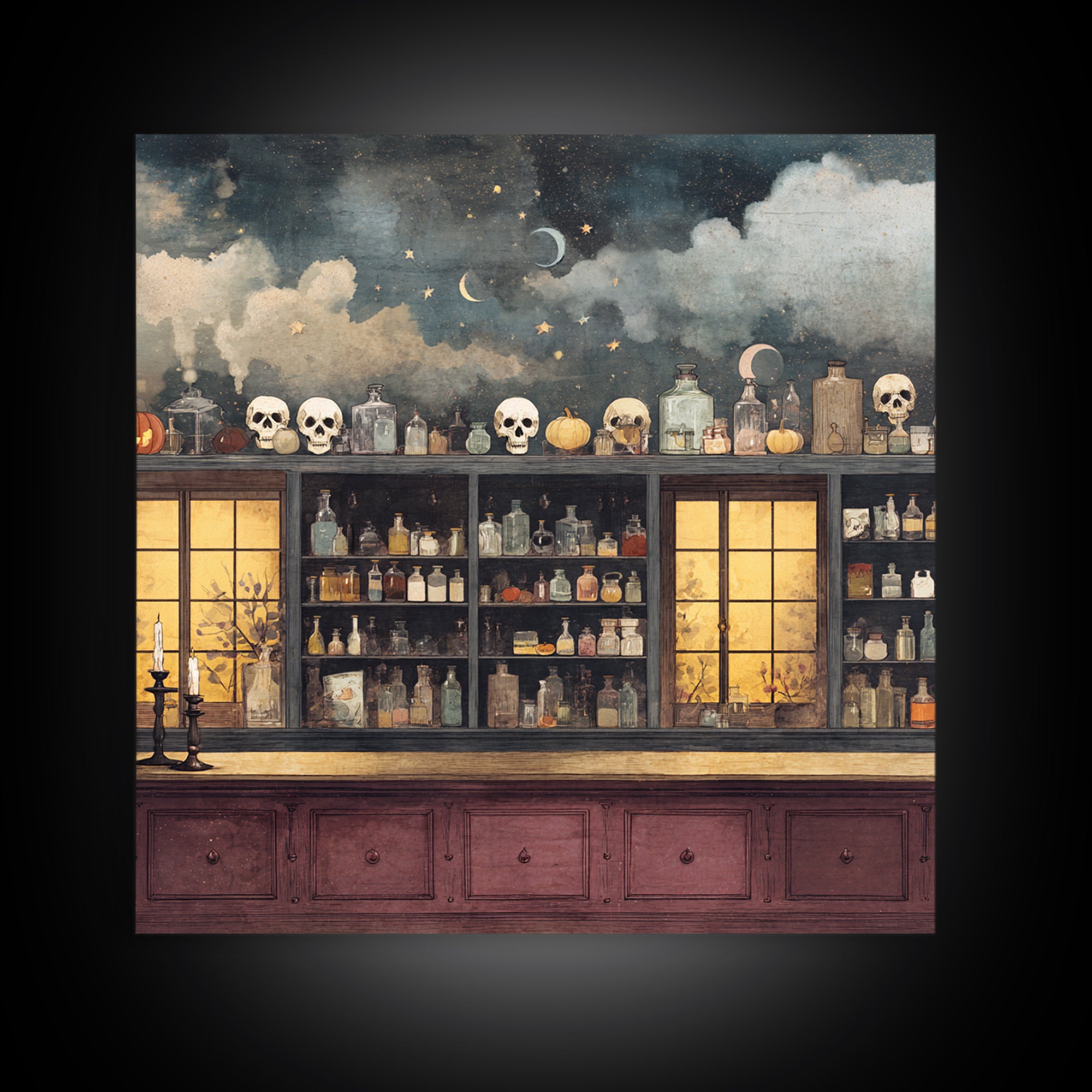 The Candlelit Skull Apothecary - Surreal Celestial Vision, Macabre Halloween Art, Square Wall Art, Framed Canvas Print, Halloween Home Decor