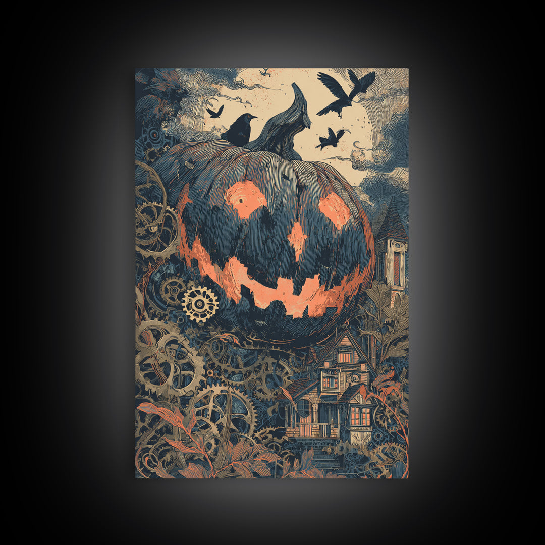 The Clockwork Jack-O-Lantern - Icon Portrait, Halloween Wall Art, Vertical Wall Art, Framed Canvas Print, Halloween Home Decor