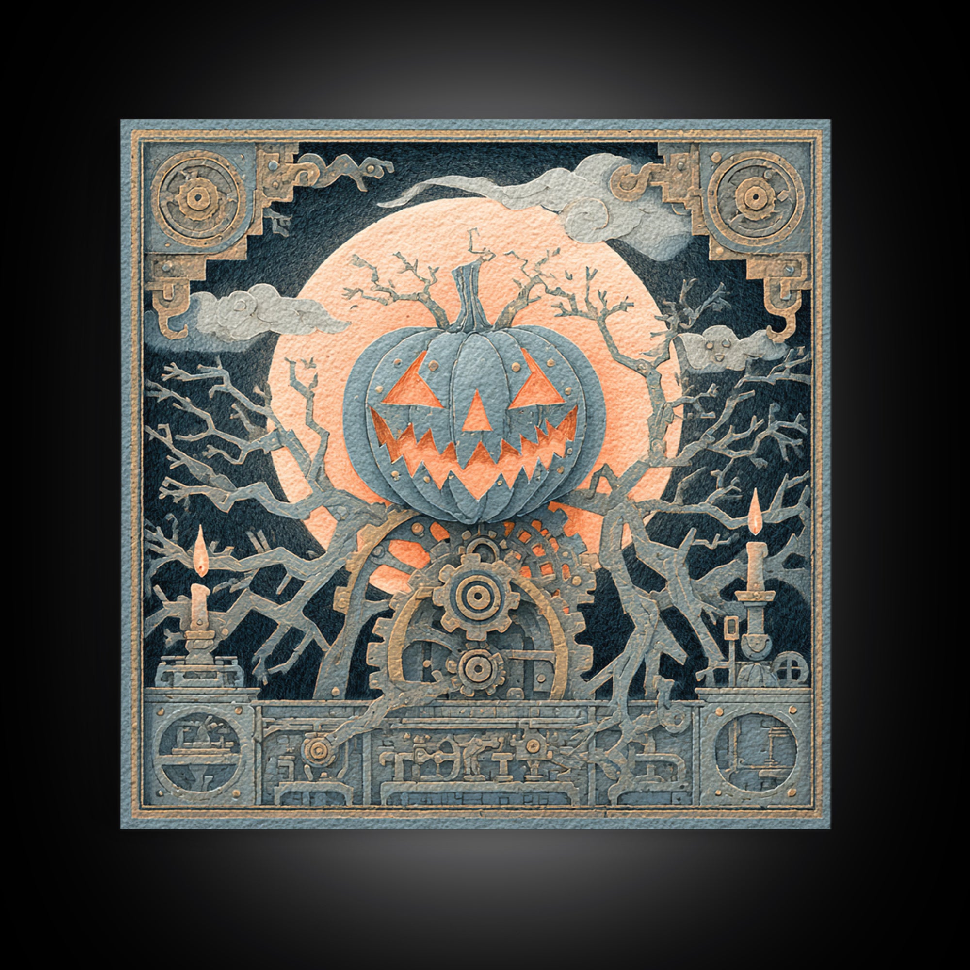 The Clockwork Jack-O-Lantern - Icon Portrait, Macabre Halloween Art, Square Wall Art, Framed Canvas Print, Halloween Home Decor