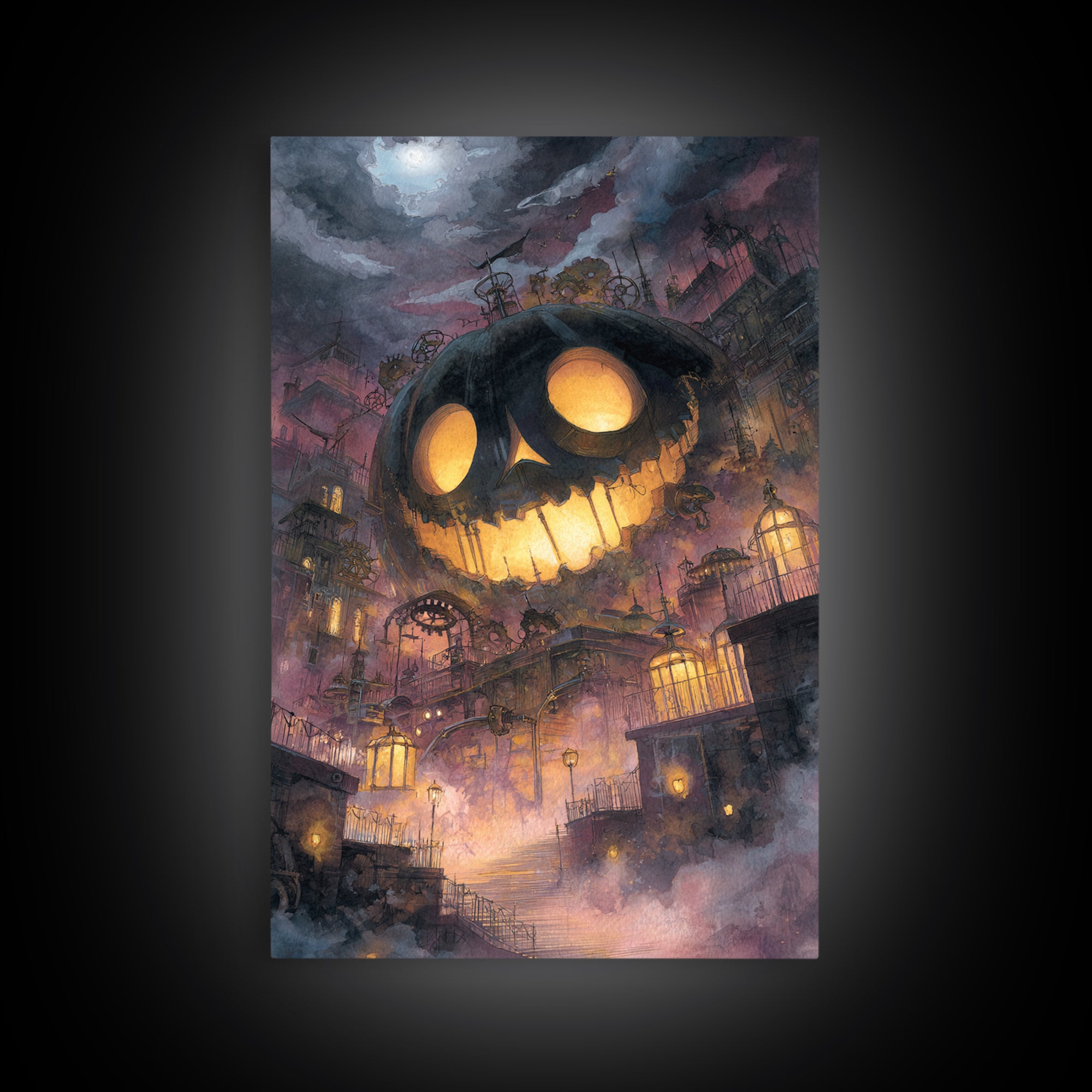 The Clockwork Jack-O-Lantern - Environmental Panorama, Macabre Halloween Art, Vertical Wall Art, Framed Canvas Print, Halloween Home Decor
