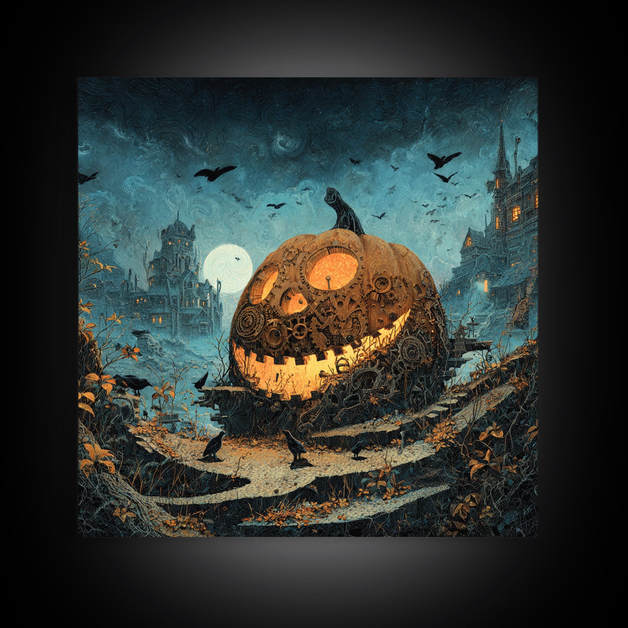 The Clockwork Jack-O-Lantern - Environmental Panorama, Macabre Halloween Art, Square Wall Art, Framed Canvas Print, Halloween Home Decor