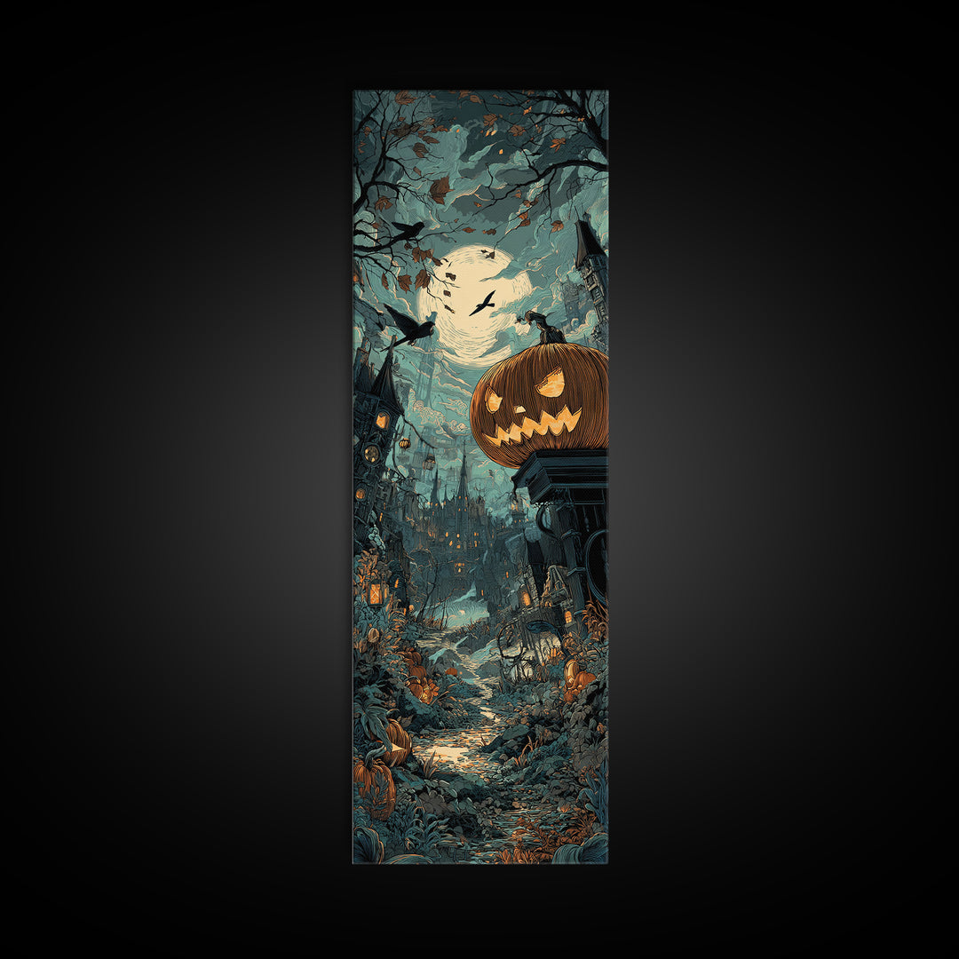 The Clockwork Jack-O-Lantern - Environmental Panorama, Dark Fantasy Wall Art, Tall Narrow Wall Art, Canvas Print, Halloween Home Decor