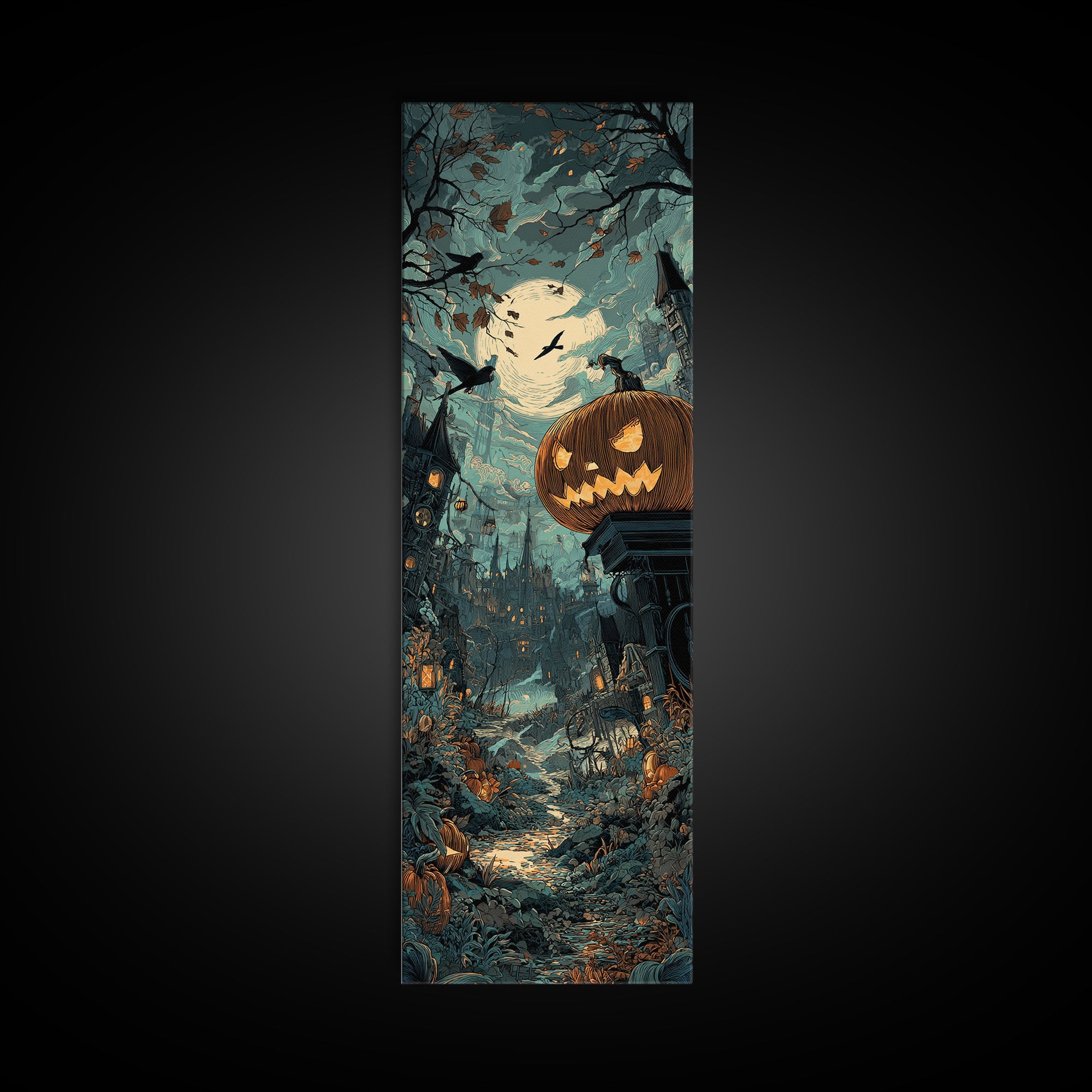 The Clockwork Jack-O-Lantern - Environmental Panorama, Dark Fantasy Wall Art, Tall Narrow Wall Art, Canvas Print, Halloween Home Decor