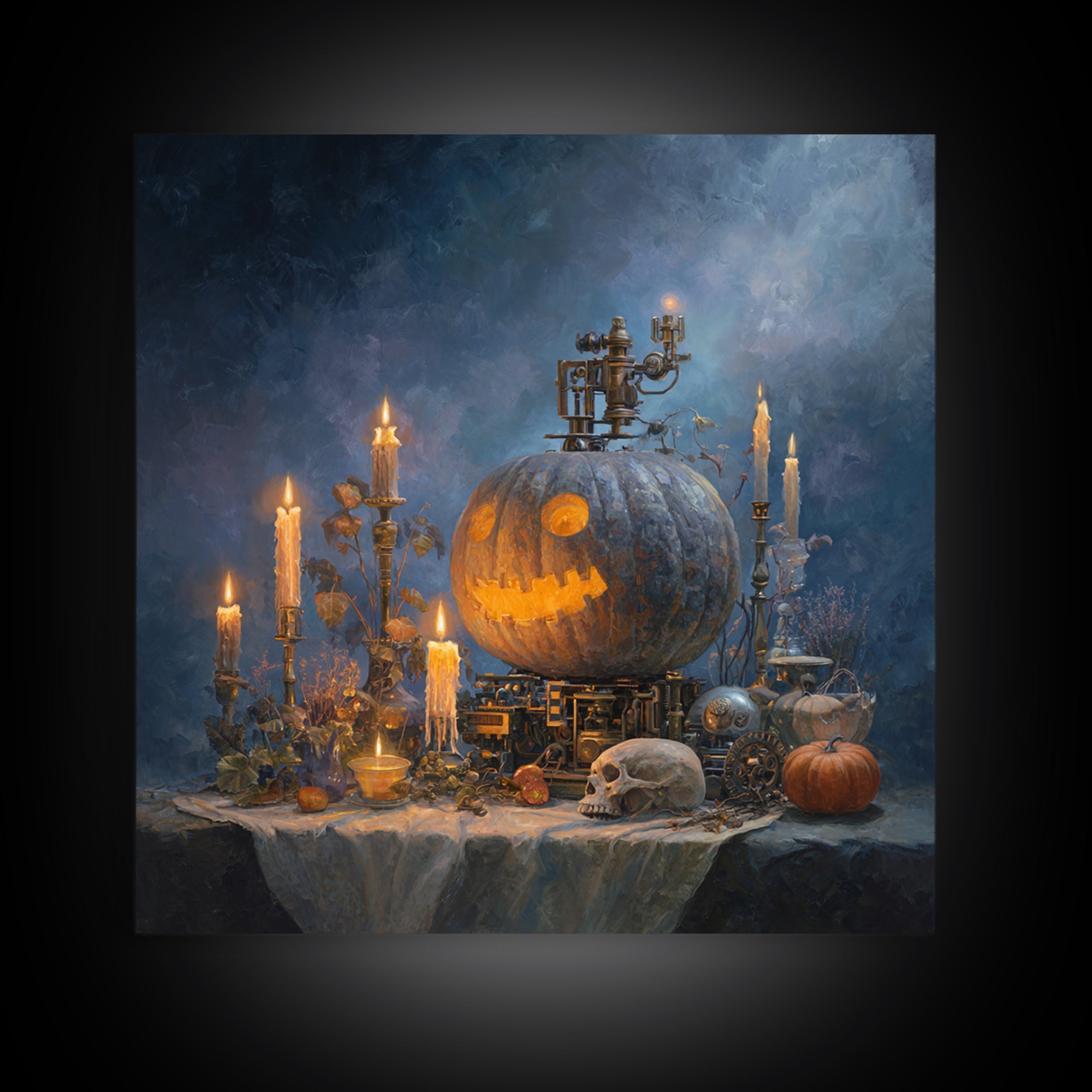 The Clockwork Jack-O-Lantern - Occult Still Life, Halloween Wall Art, Square Wall Art, Framed Canvas Print, Halloween Home Decor