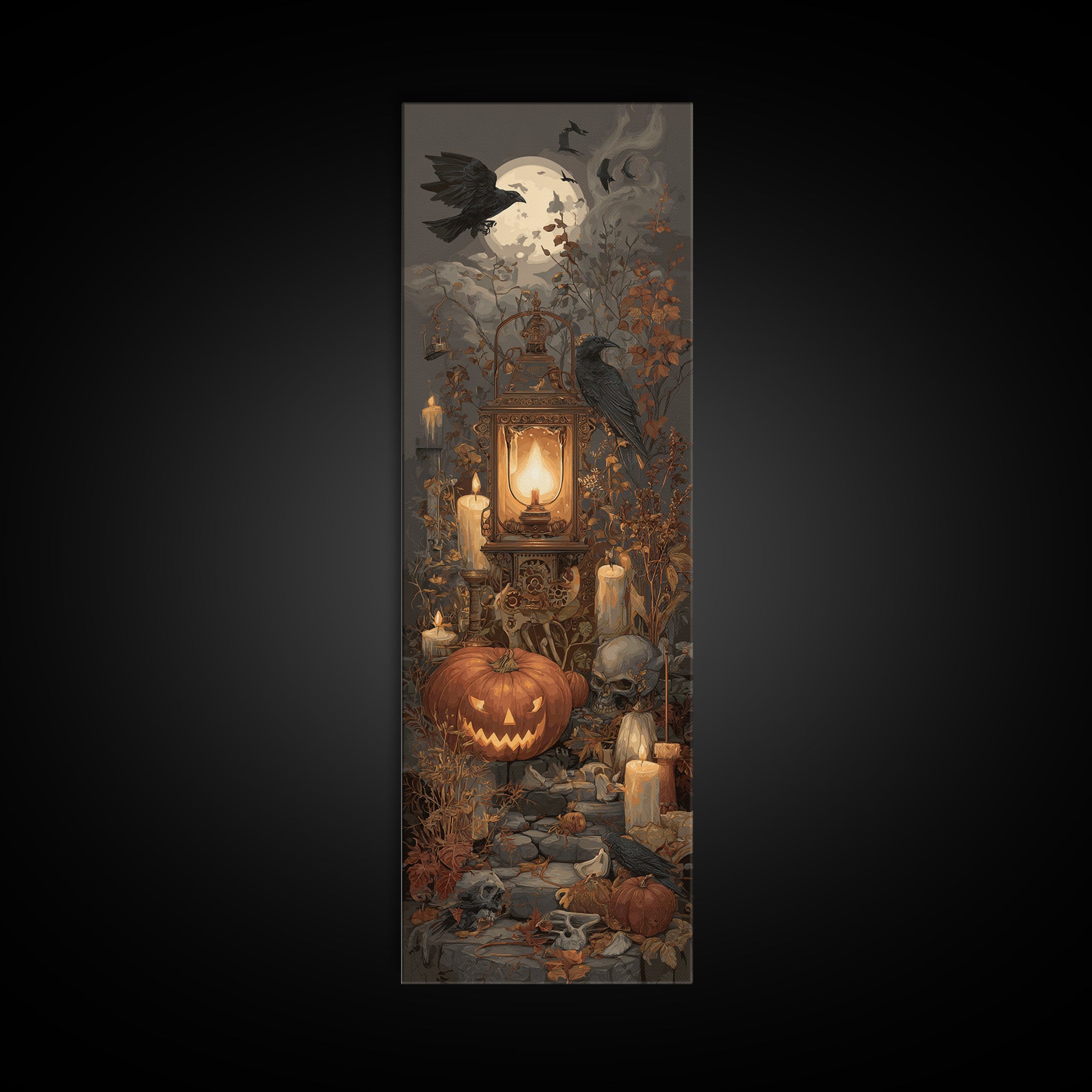 The Clockwork Jack-O-Lantern - Occult Still Life, Halloween Wall Art, Tall Narrow Wall Art, Framed Canvas Print, Halloween Home Decor