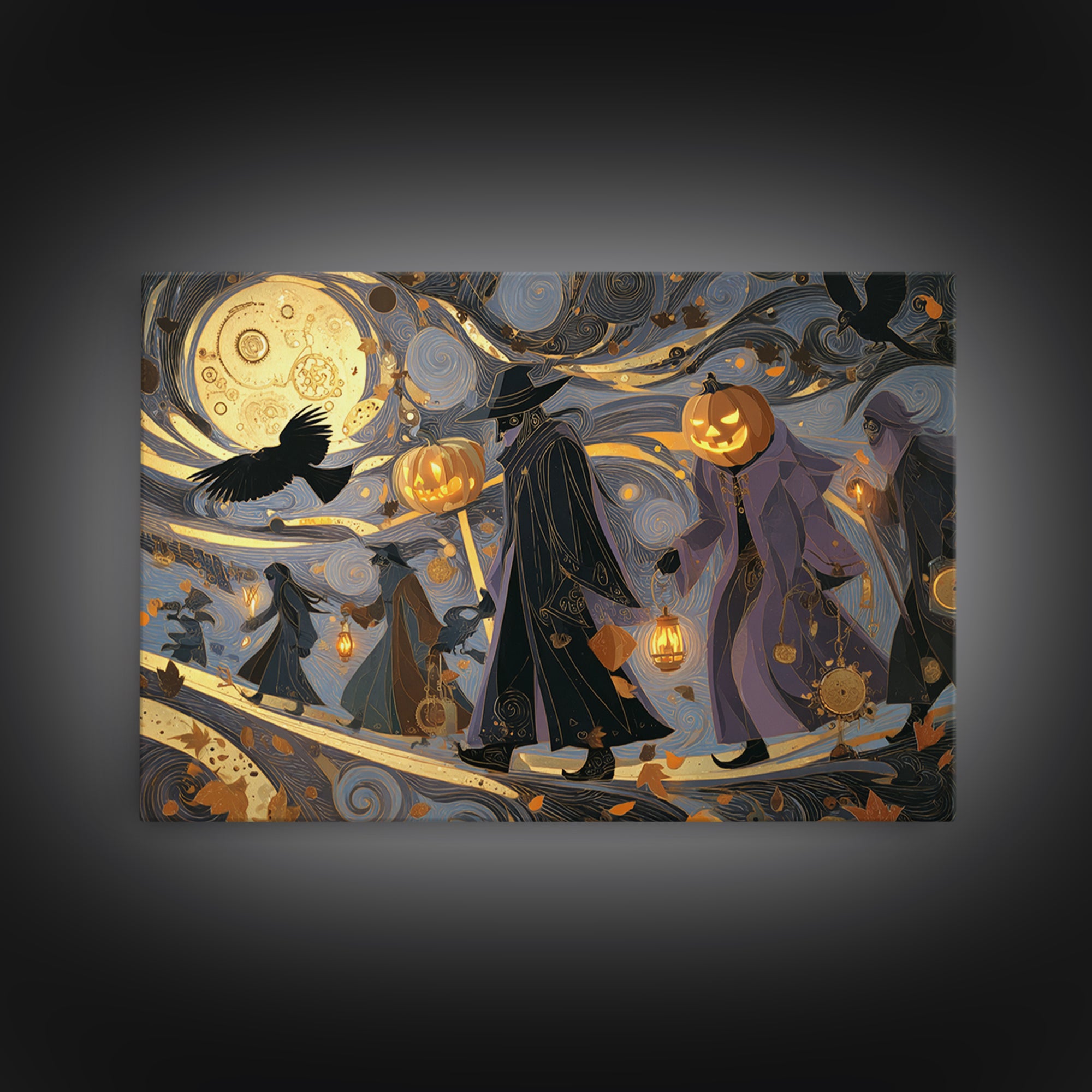 The Clockwork Jack-O-Lantern - Procession Scene, Halloween Wall Art, Landscape Wall Art, Framed Canvas Print, Halloween Home Decor
