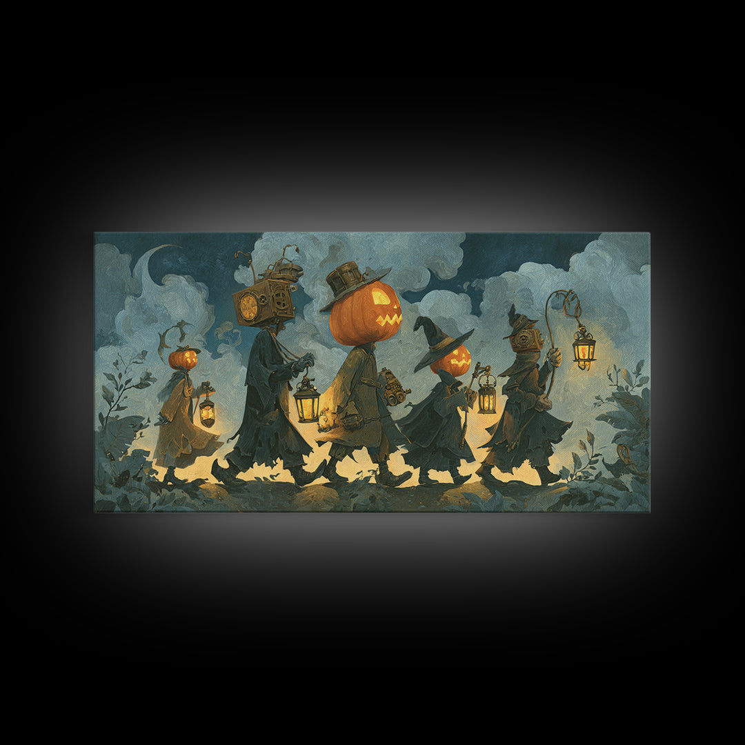 The Clockwork Jack-O-Lantern - Procession Scene, Gothic Home Decor, Wide Panoramic Art, Canvas Print, Halloween Home Decor, Gothic Wall Art