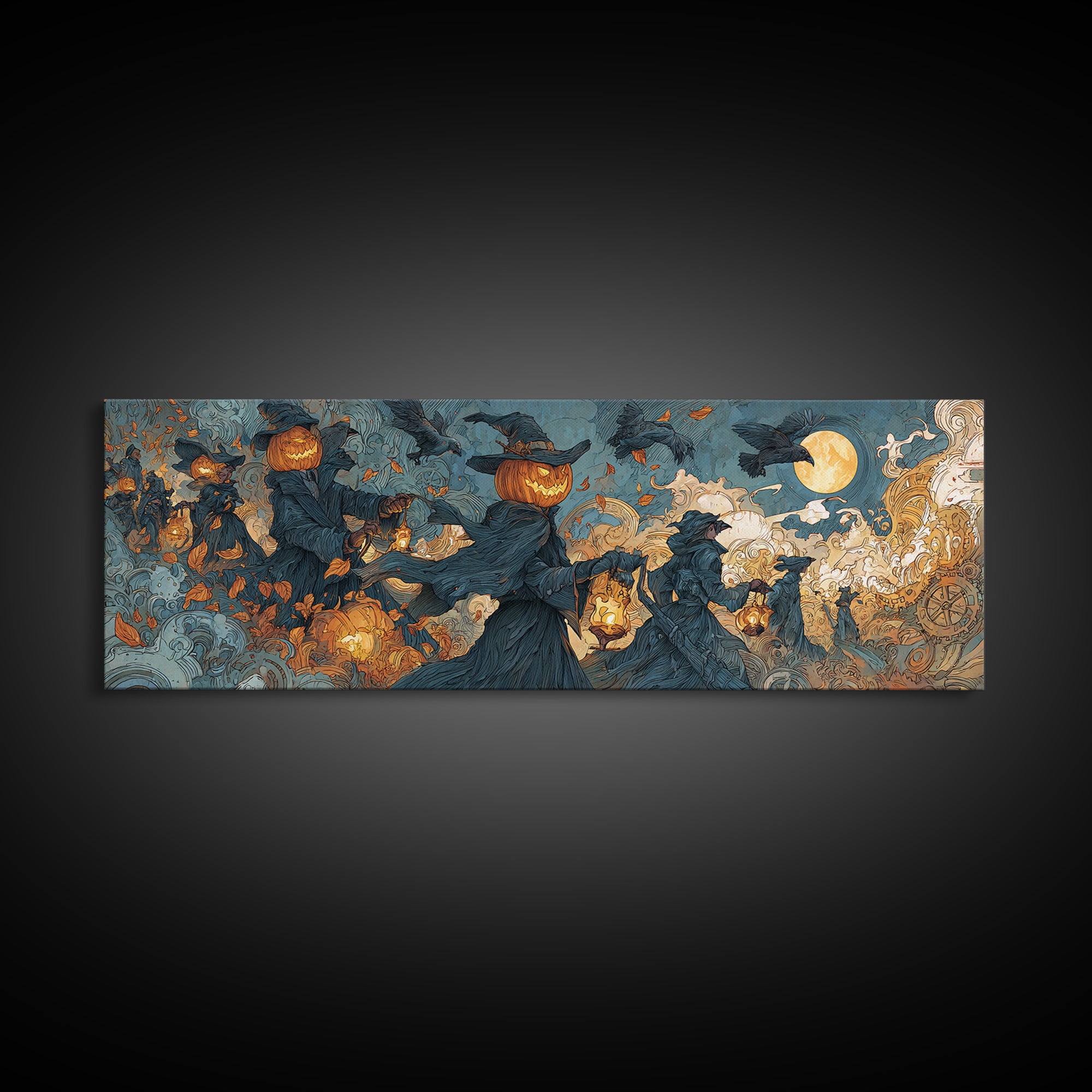 The Clockwork Jack-O-Lantern - Procession Scene, Occult Wall Decor, Extra Wide Wall Art, Canvas Print, Halloween Home Decor, Gothic Wall Art