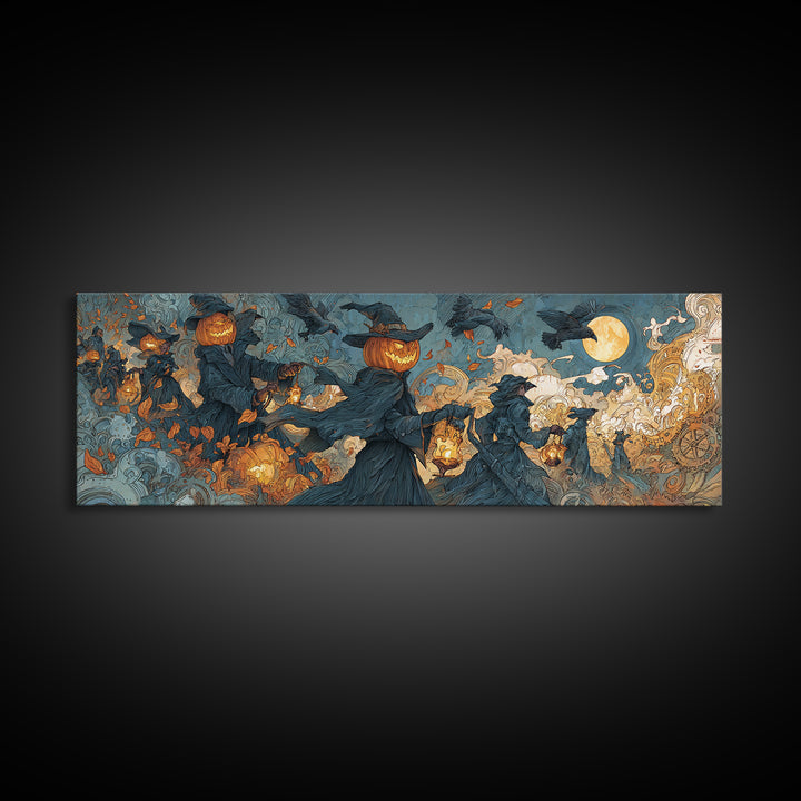 The Clockwork Jack-O-Lantern - Procession Scene, Occult Wall Decor, Extra Wide Wall Art, Canvas Print, Halloween Home Decor, Gothic Wall Art