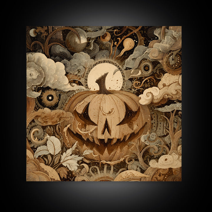 The Clockwork Jack-O-Lantern - Surreal Celestial Vision, Spooky Wall Decor, Square Wall Art, Framed Canvas Print, Halloween Home Decor