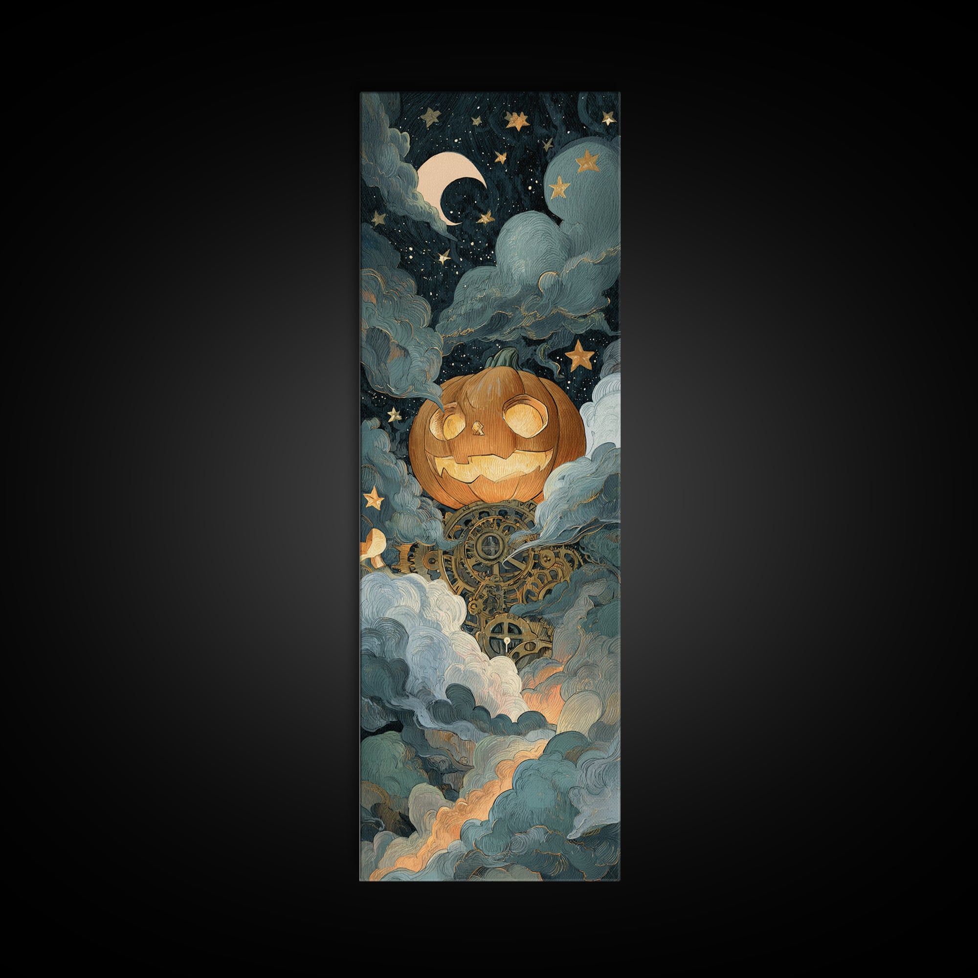 The Clockwork Jack-O-Lantern - Surreal Celestial Vision, Gothic Home Decor, Tall Narrow Wall Art, Canvas Print, Halloween Home Decor