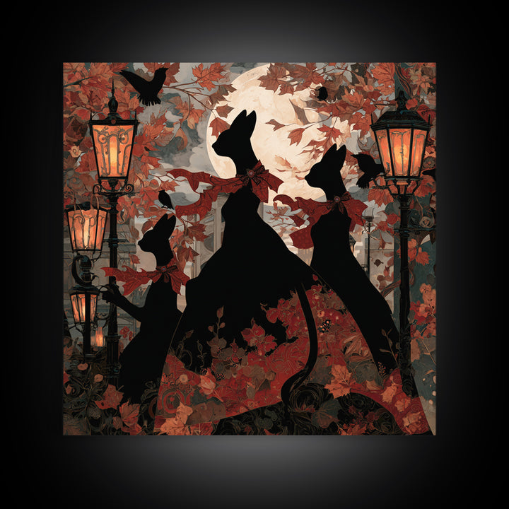 The Moonlit Cat Masquerade - Icon Portrait, Macabre Halloween Art, Square Wall Art, Framed Canvas Print, Halloween Home Decor