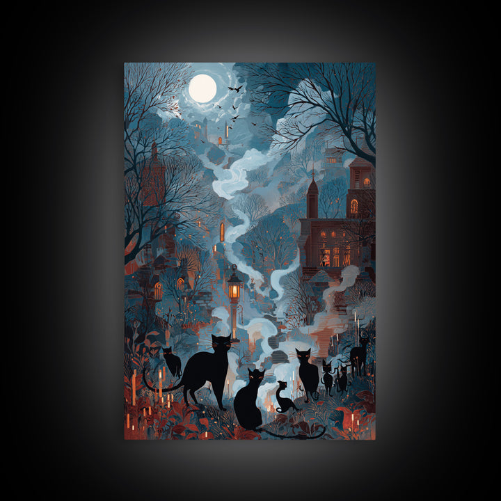 The Moonlit Cat Masquerade - Environmental Panorama, Dark Fantasy Wall Art, Vertical Wall Art, Canvas Print, Halloween Home Decor