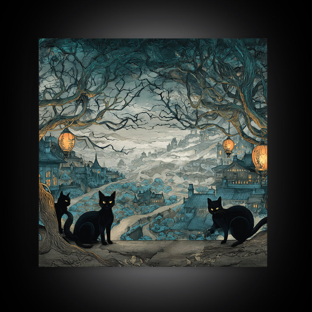 The Moonlit Cat Masquerade - Environmental Panorama, Spooky Wall Decor, Square Wall Art, Framed Canvas Print, Halloween Home Decor