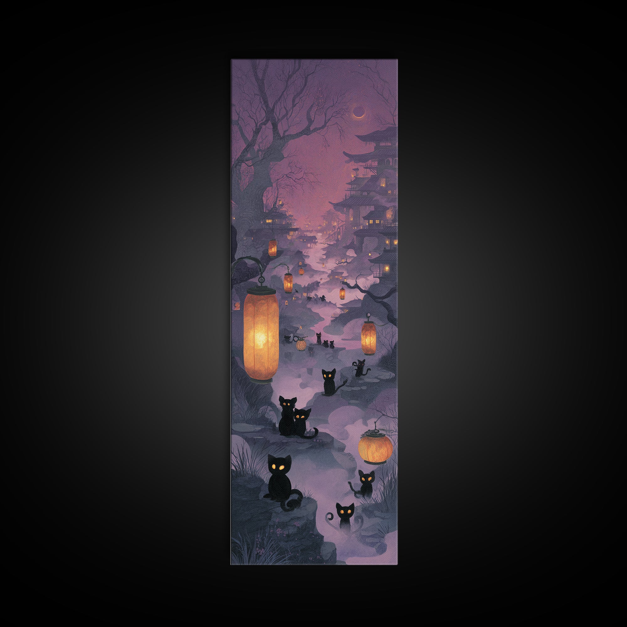The Moonlit Cat Masquerade - Environmental Panorama, Macabre Halloween Art, Tall Narrow Wall Art, Framed Canvas Print, Halloween Home Decor