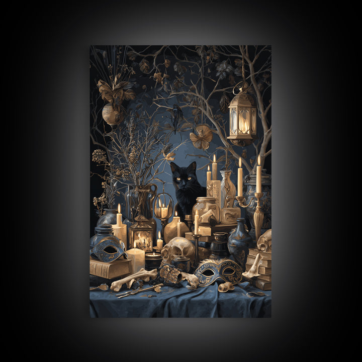 The Moonlit Cat Masquerade - Occult Still Life, Halloween Wall Art, Vertical Wall Art, Framed Canvas Print, Halloween Home Decor