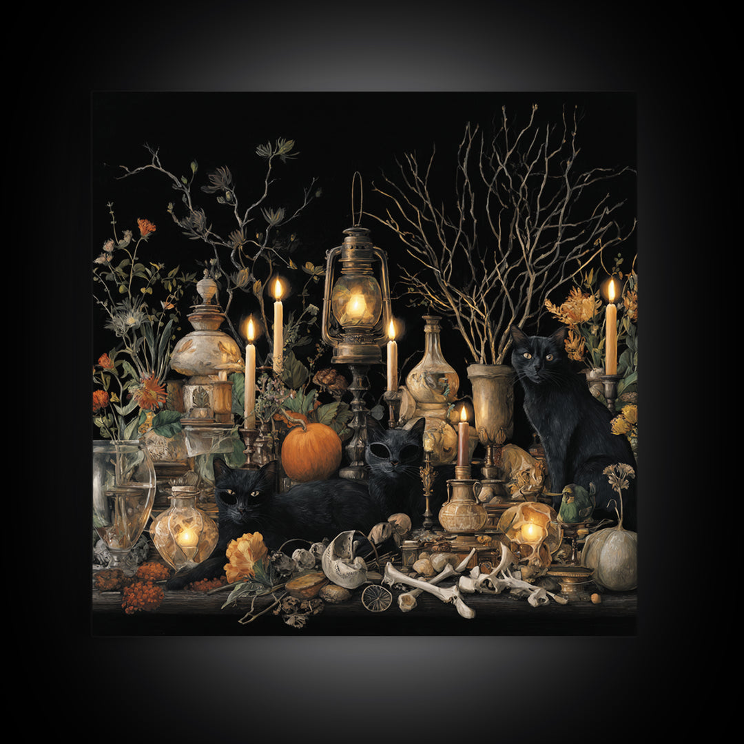 The Moonlit Cat Masquerade - Occult Still Life, Dark Fantasy Wall Art, Square Wall Art, Canvas Print, Halloween Home Decor, Gothic Wall Art
