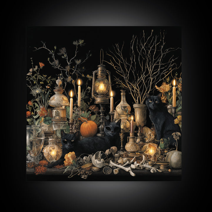The Moonlit Cat Masquerade - Occult Still Life, Dark Fantasy Wall Art, Square Wall Art, Canvas Print, Halloween Home Decor, Gothic Wall Art