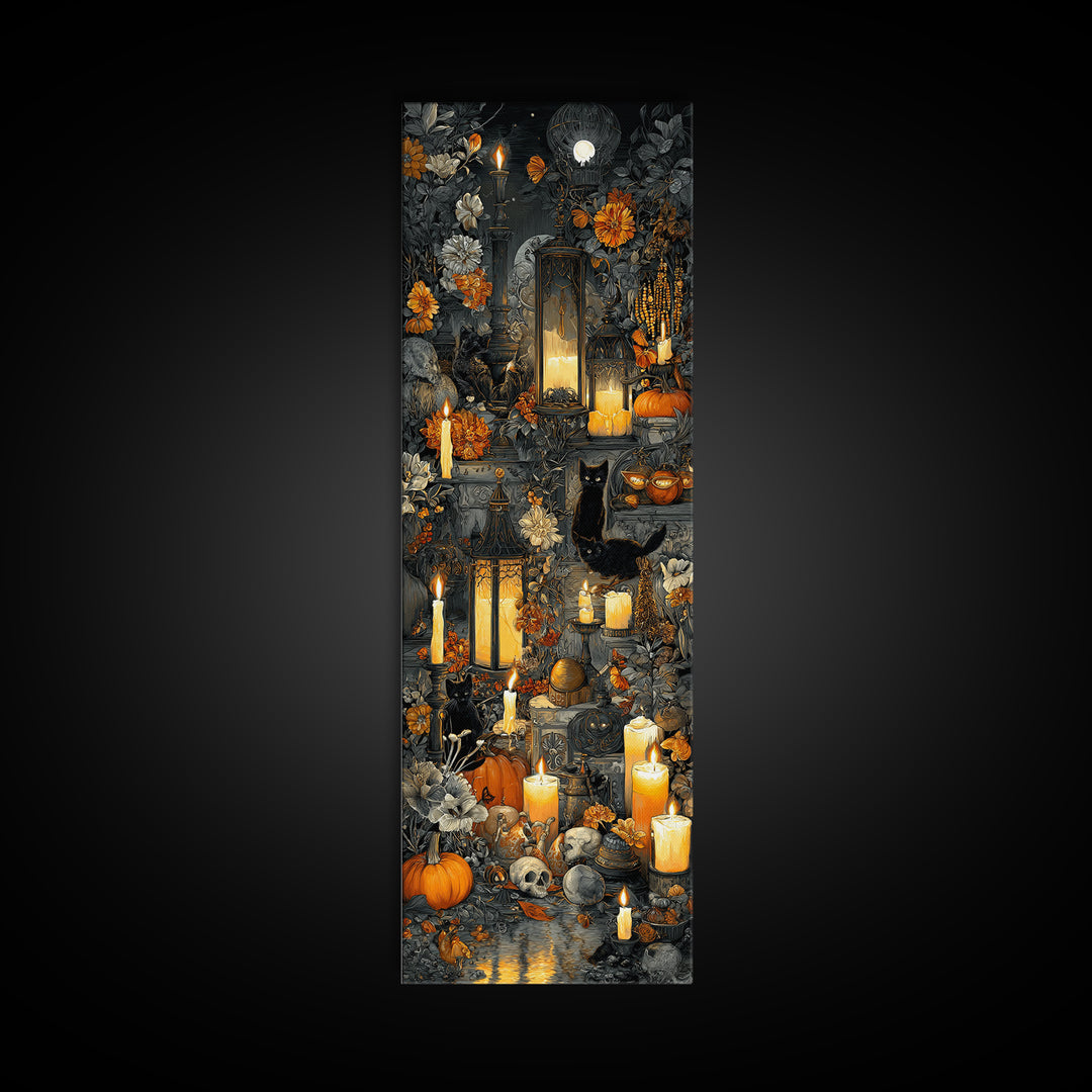 The Moonlit Cat Masquerade - Occult Still Life, Gothic Home Decor, Tall Narrow Wall Art, Canvas Print, Halloween Home Decor, Gothic Wall Art