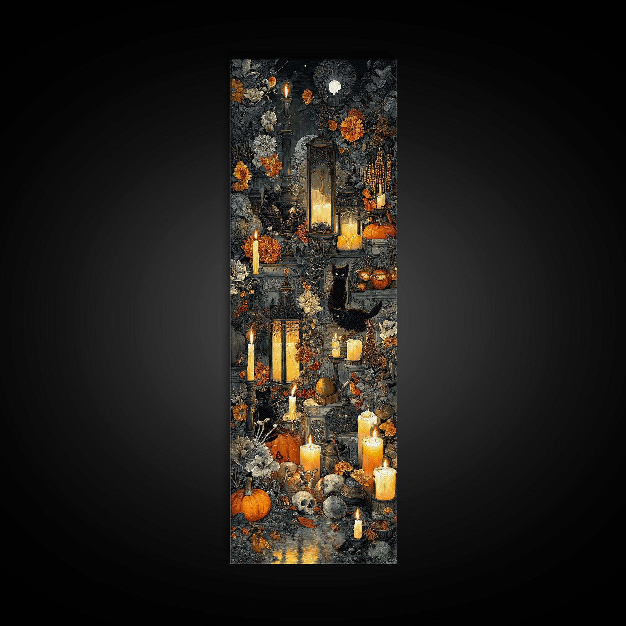 The Moonlit Cat Masquerade - Occult Still Life, Gothic Home Decor, Tall Narrow Wall Art, Canvas Print, Halloween Home Decor, Gothic Wall Art