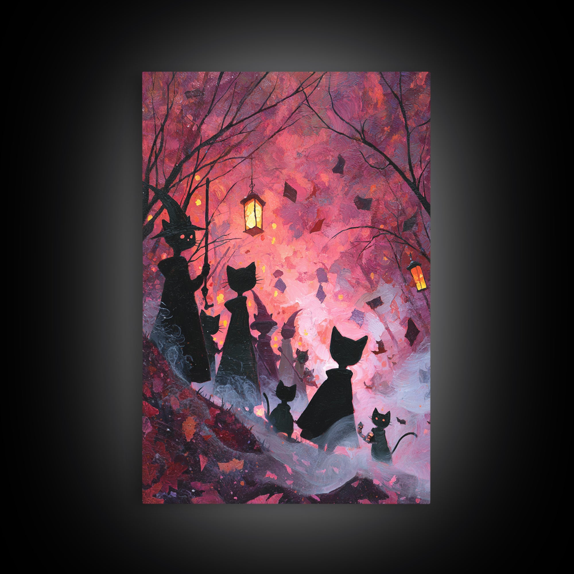 The Moonlit Cat Masquerade - Procession Scene, Macabre Halloween Art, Vertical Wall Art, Framed Canvas Print, Halloween Home Decor