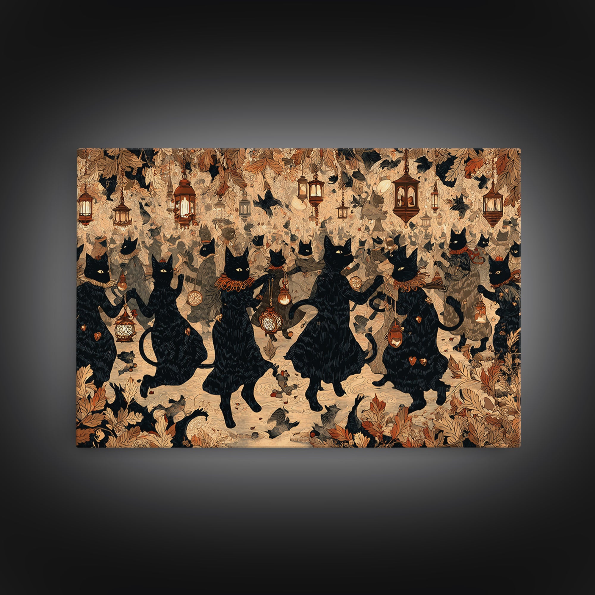 The Moonlit Cat Masquerade - Procession Scene, Dark Fantasy Wall Art, Landscape Wall Art, Canvas Print, Halloween Home Decor