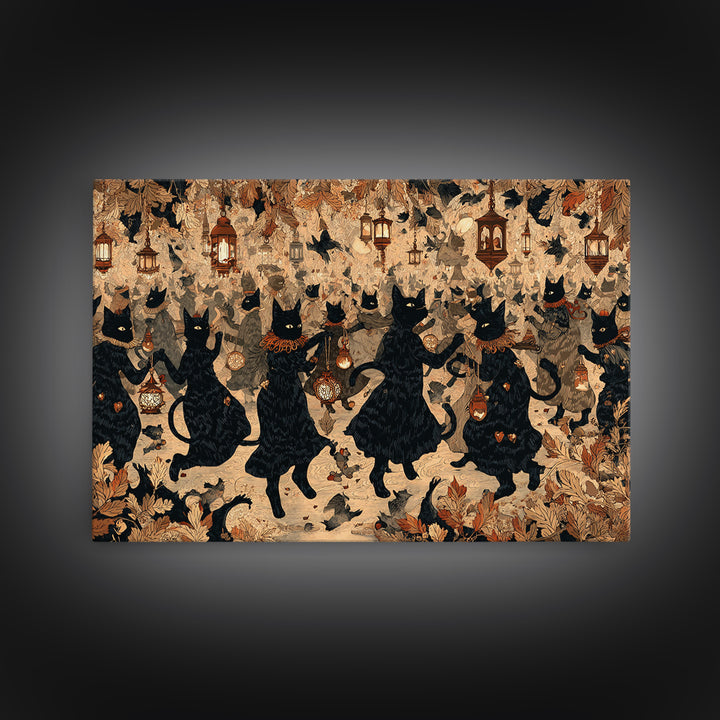 The Moonlit Cat Masquerade - Procession Scene, Dark Fantasy Wall Art, Landscape Wall Art, Canvas Print, Halloween Home Decor