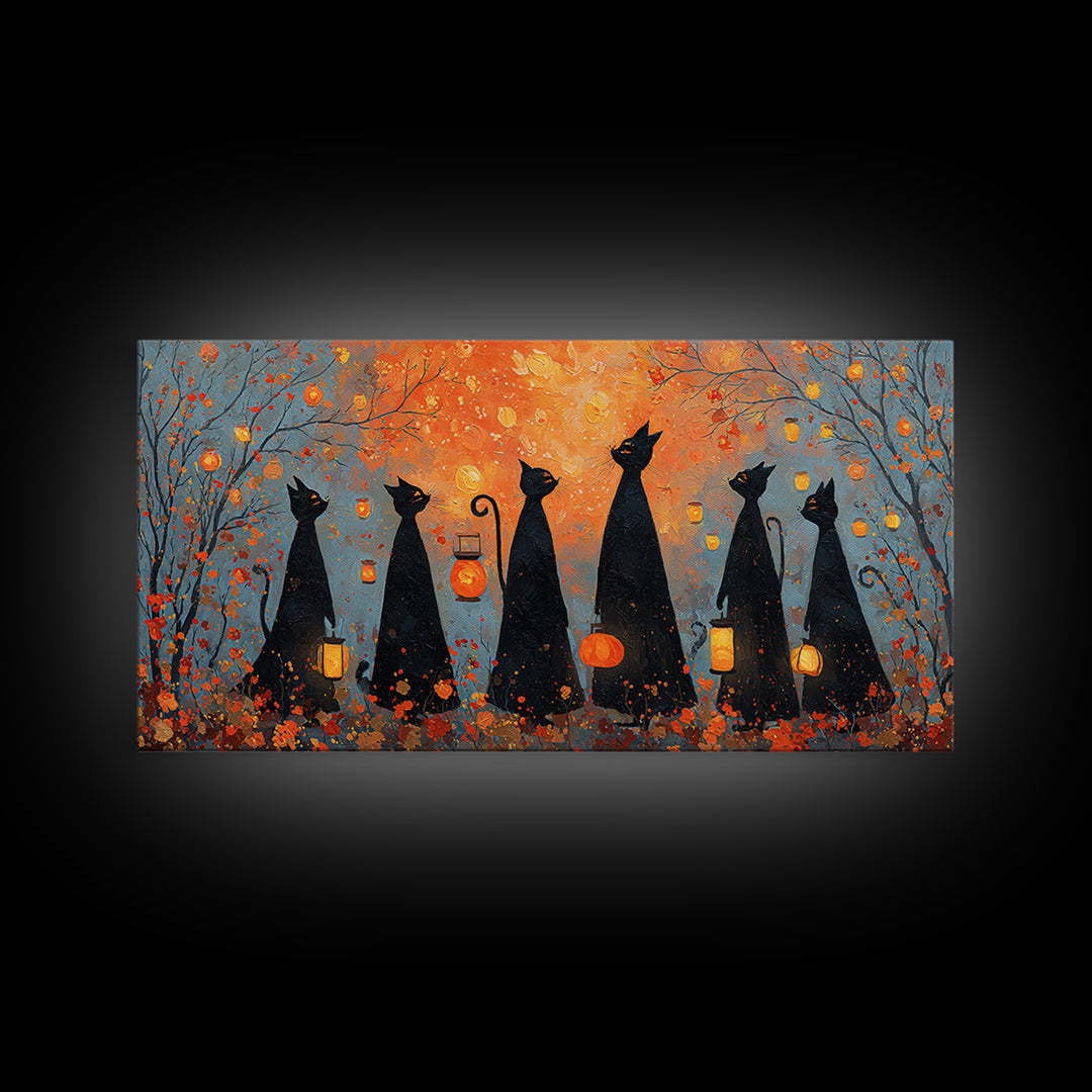 The Moonlit Cat Masquerade - Procession Scene, Spooky Wall Decor, Wide Panoramic Art, Framed Canvas Print, Halloween Home Decor