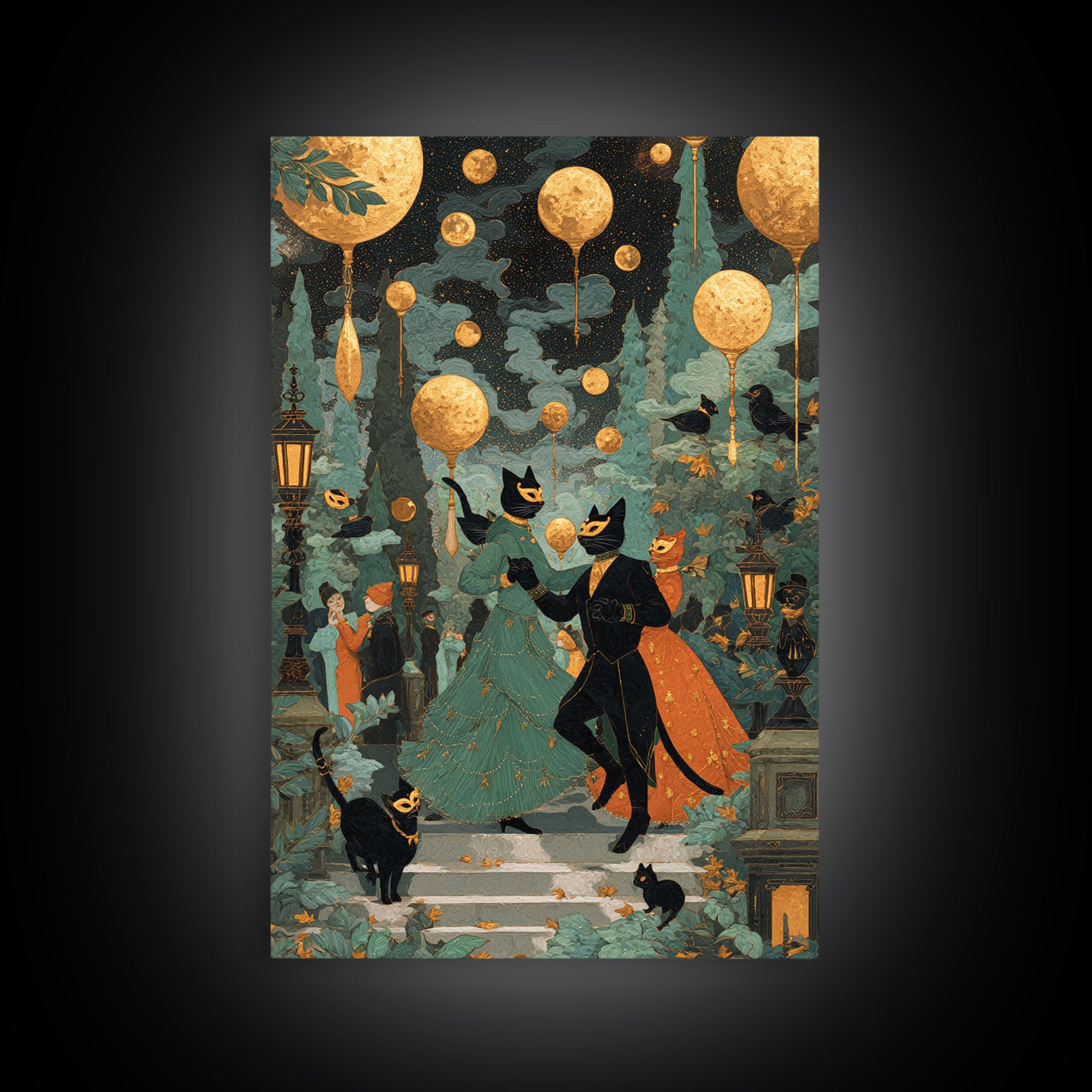 The Moonlit Cat Masquerade - Surreal Celestial Vision, Spooky Wall Decor, Vertical Wall Art, Framed Canvas Print, Halloween Home Decor