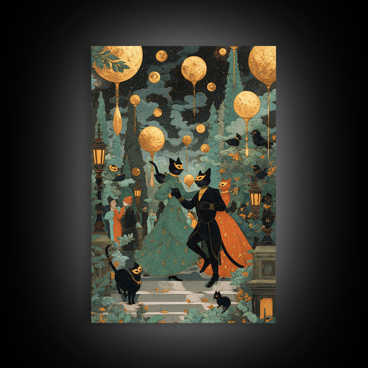 The Moonlit Cat Masquerade - Surreal Celestial Vision, Spooky Wall Decor, Vertical Wall Art, Framed Canvas Print, Halloween Home Decor